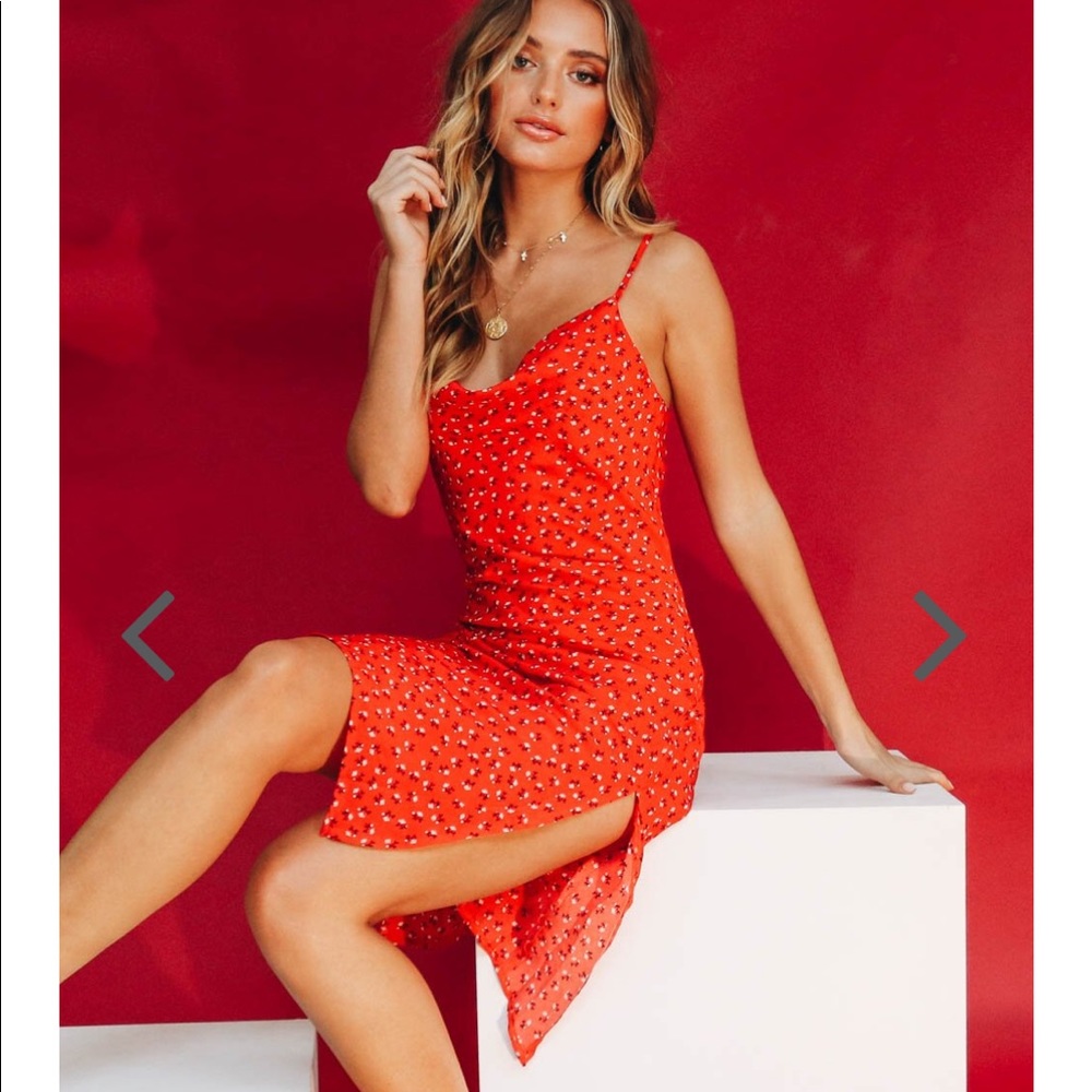 Verge Girl red midi dress with slit on the side